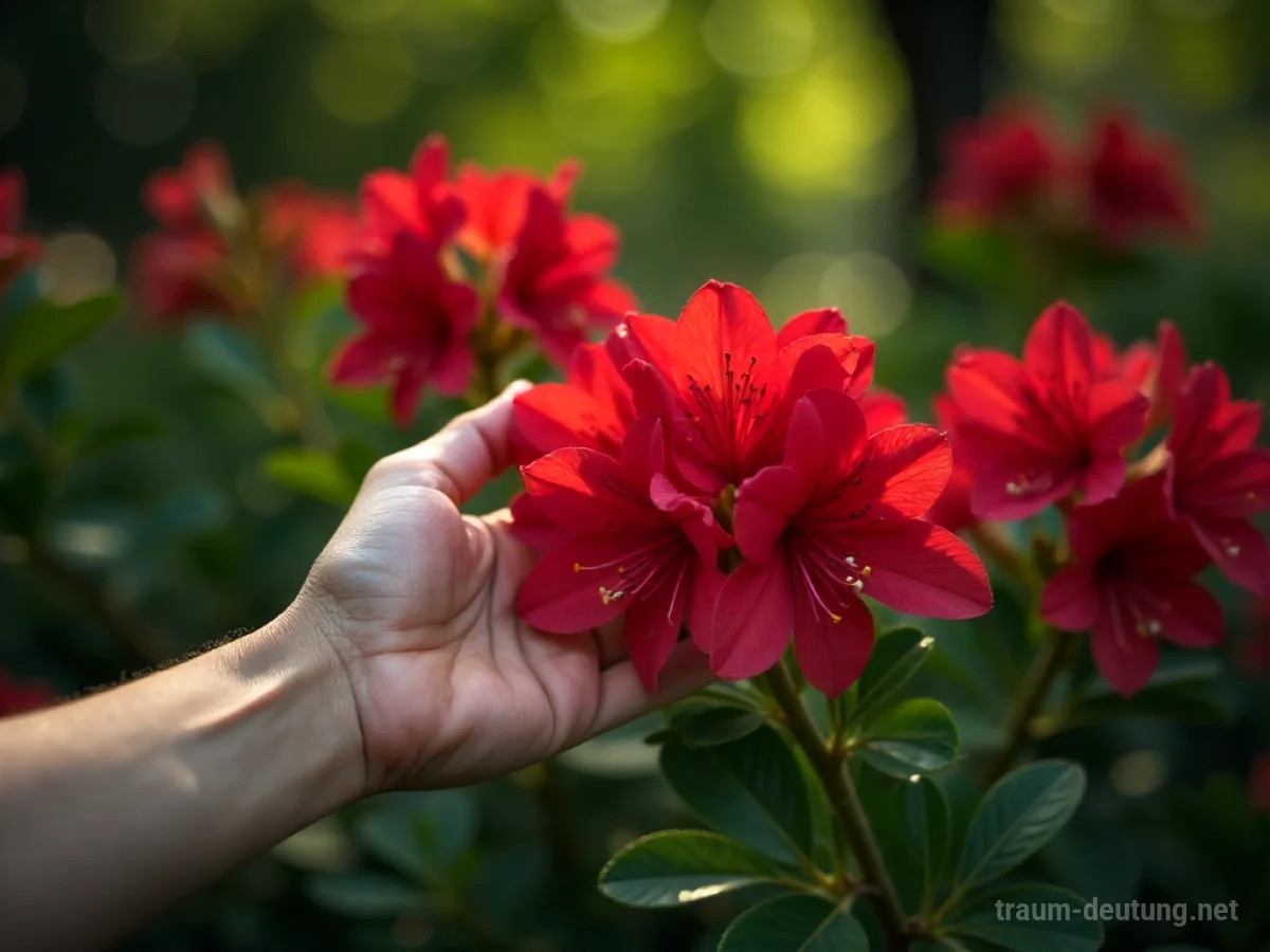 Hand berührt giftige rote Azaleen im Garten.