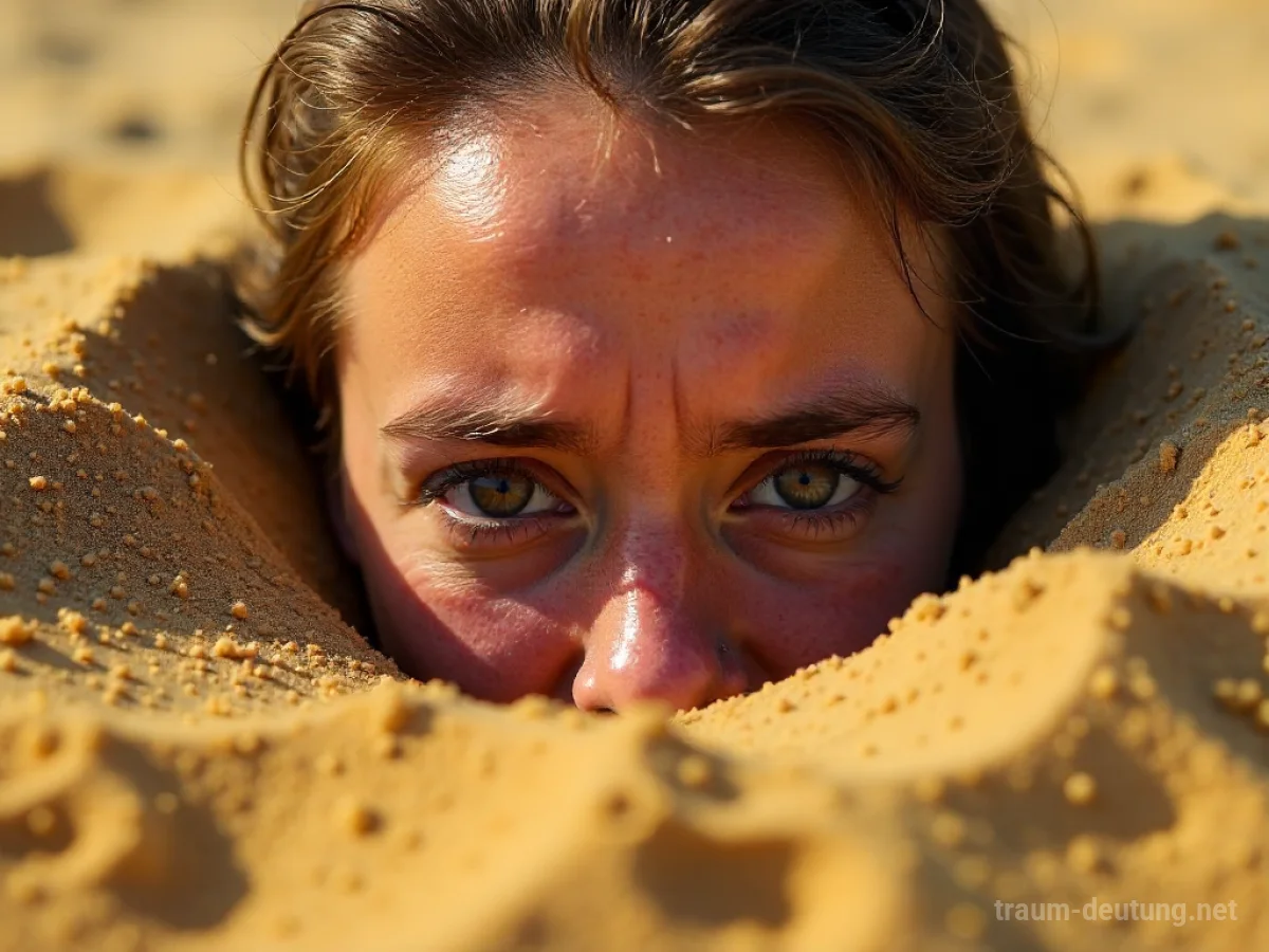 Gesicht einer Person, die im Sand steckt und Angst hat