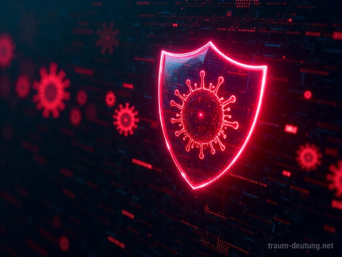 Digitaler Schutzschild wehrt rote Viren im Cyberspace ab.