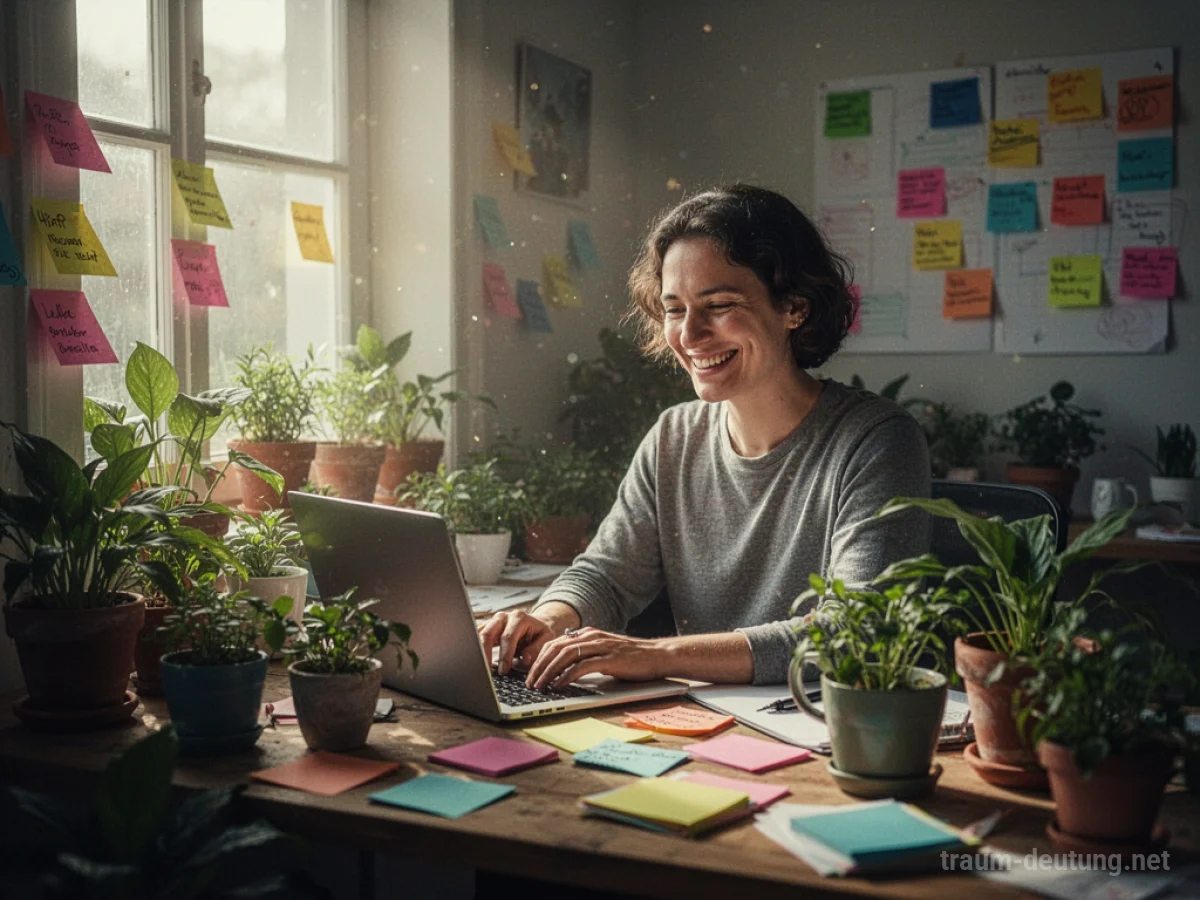 Lächelnde Person arbeitet an einem Schreibtisch mit Pflanzen und bunten Notizen im Sonnenschein.