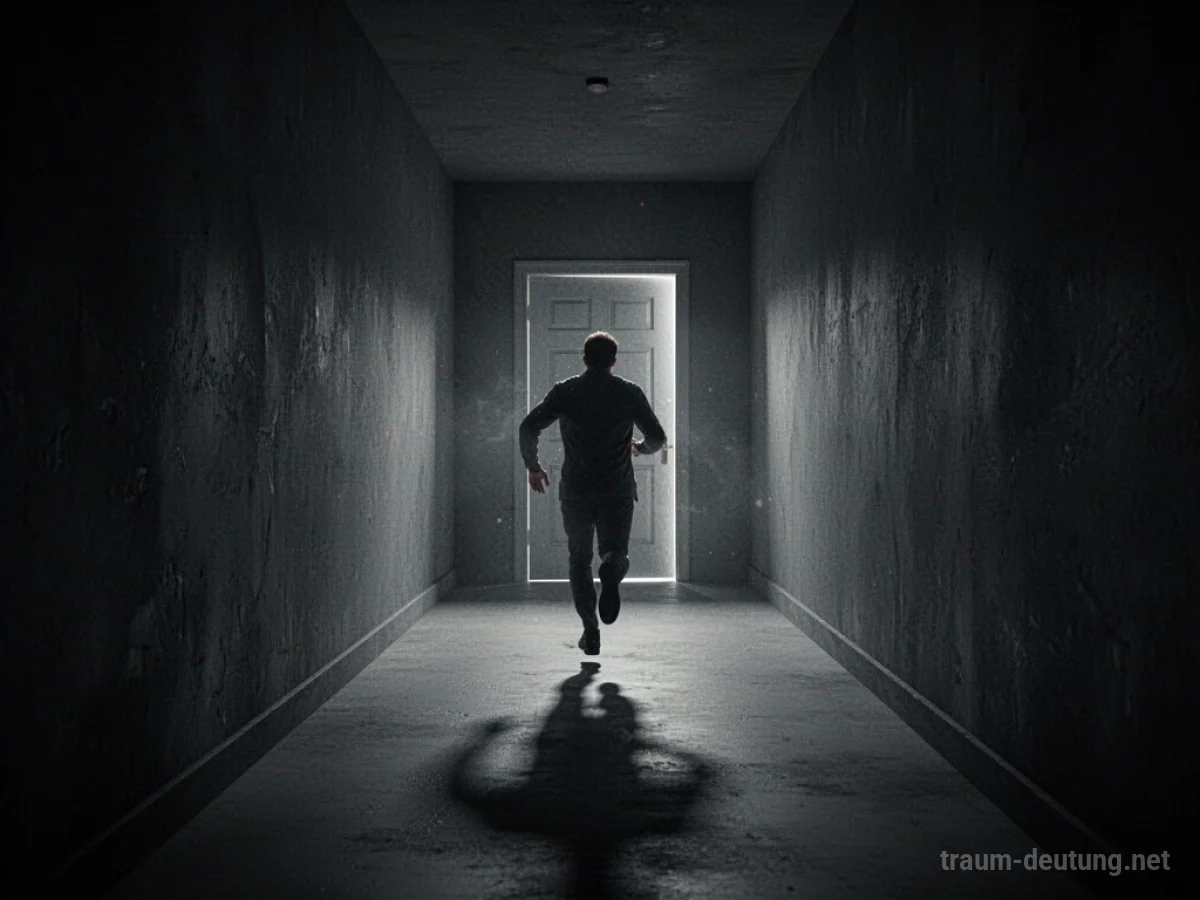 Silhouetten einer Person, die in einem dunklen Gang vor einer unerreichbaren Tür flieht.