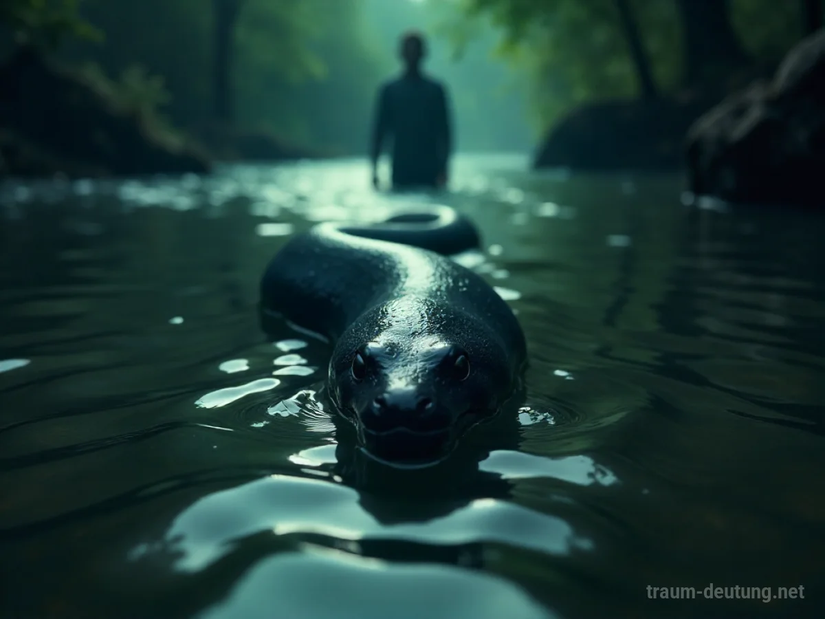 Ein Aal schwimmt bedrohlich im trüben Wasser nahe einer schemenhaften menschlichen Figur.