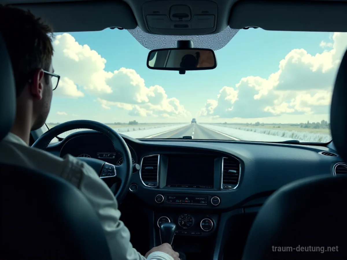 Ein ausgelöster Airbag im Auto, durch die Windschutzscheibe sind Wolken zu sehen.