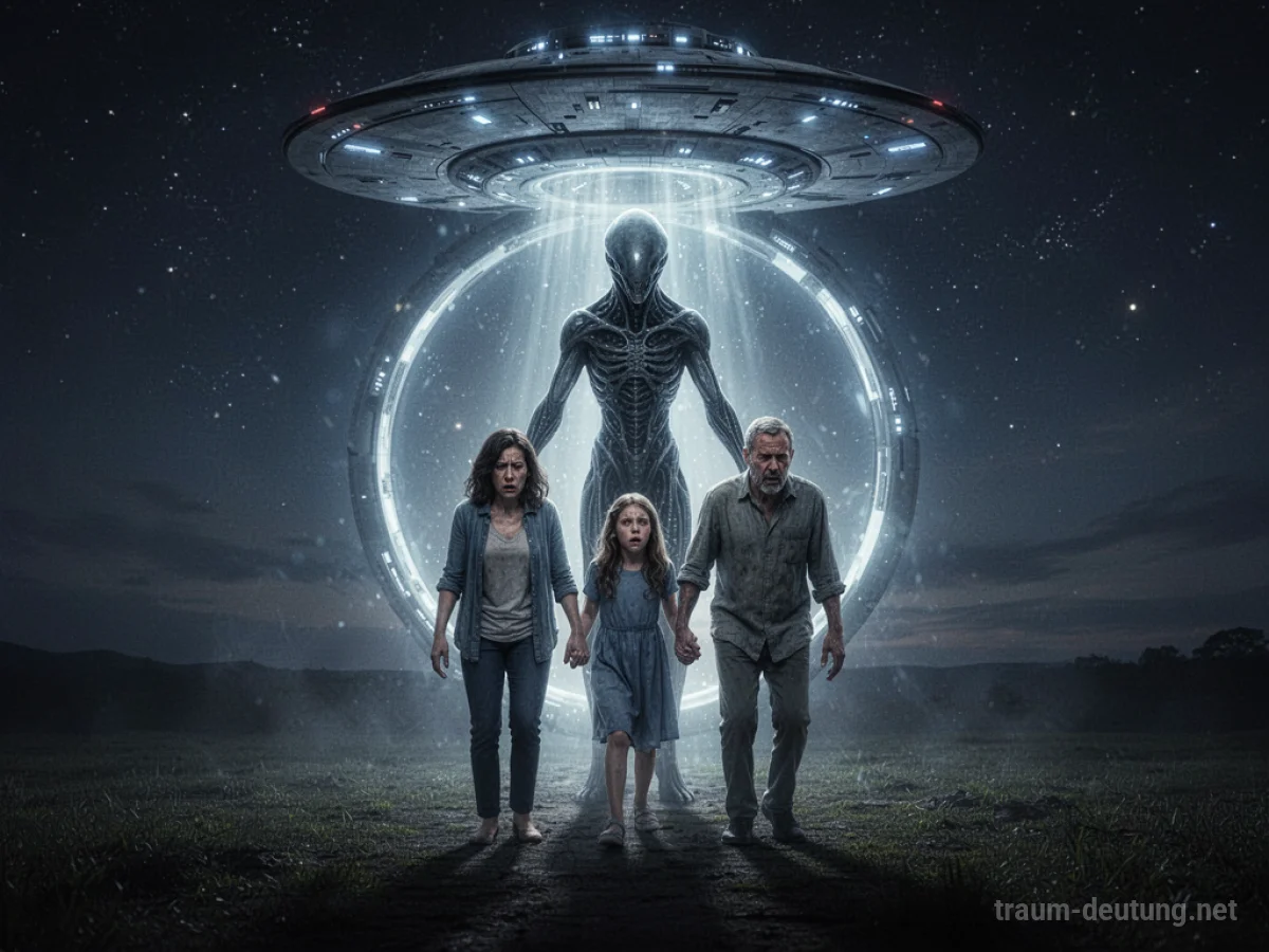 Alien entführt Familie in ein Raumschiffportal bei Nacht.