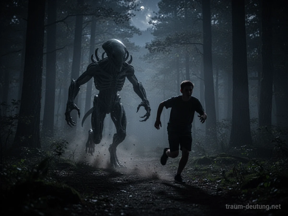 Ein Alien verfolgt eine Silhouette durch einen nebligen Wald bei Nacht.