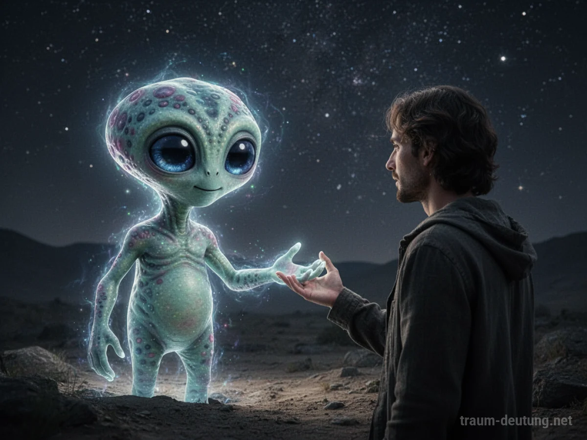 Ein leuchtendes Alien reicht einem Menschen auf einem Feld unter Sternen die Hand.