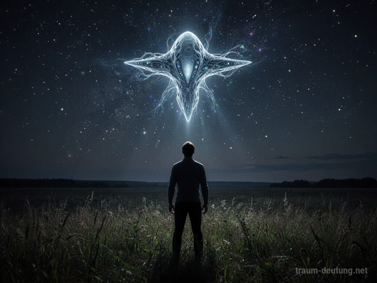 Mensch steht auf Feld und blickt zu schwebendem Alien am Nachthimmel
