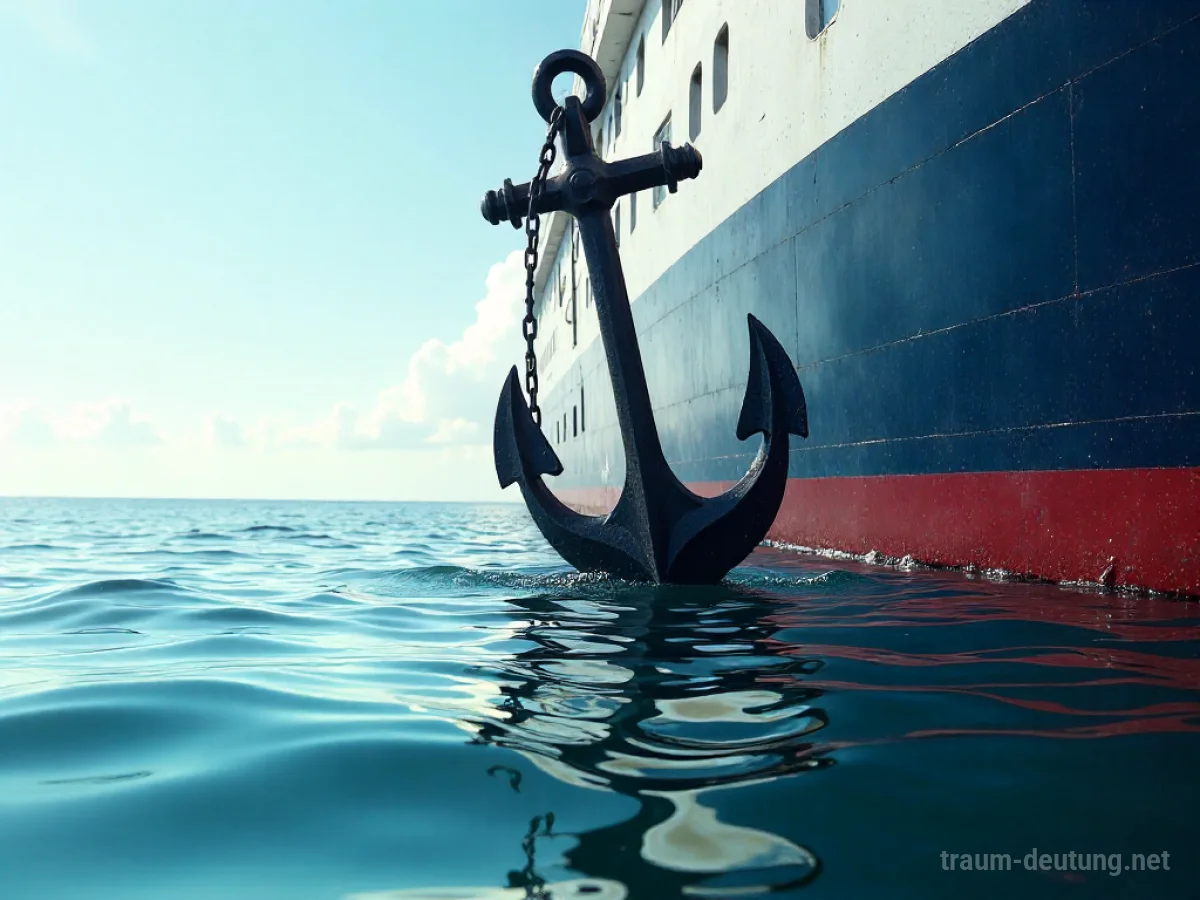 Ein Anker hält ein großes Schiff im ruhigen Wasser.
