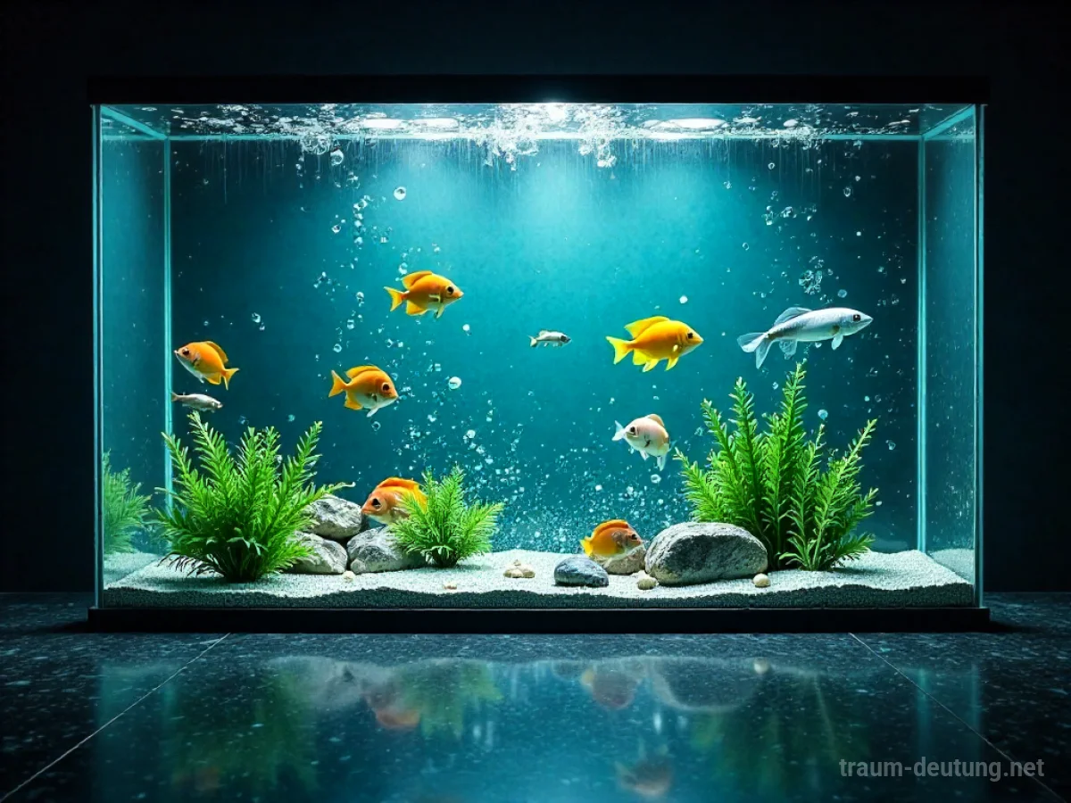 Ein zerbrechendes Aquarium mit Fischen und herauslaufendem Wasser