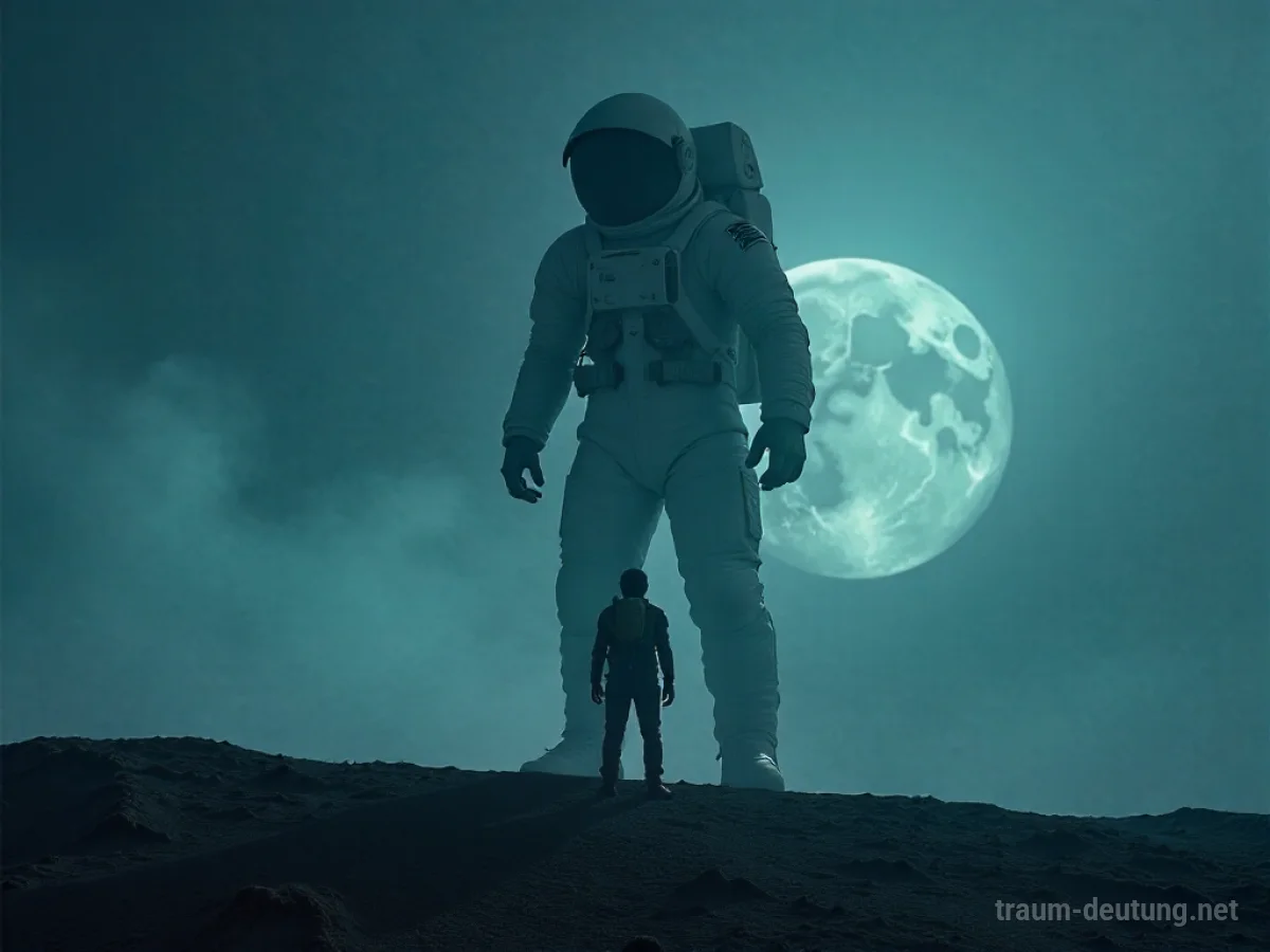 Ein Astronaut steht bedrohlich vor einer Person in einer dunklen Traumlandschaft.
