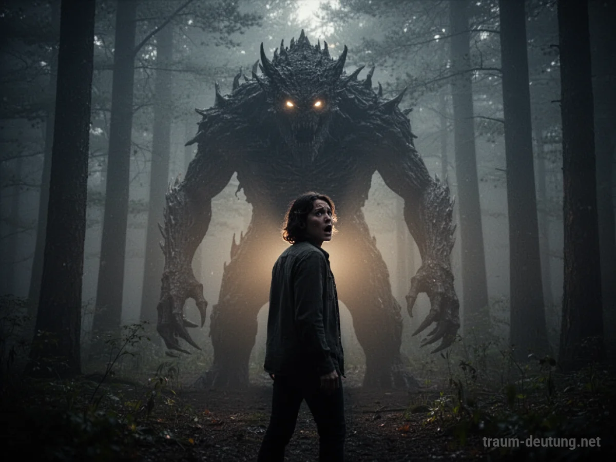 Schattenhafte Monsterfigur mit leuchtenden Augen nähert sich einer Person im Nebelwald.