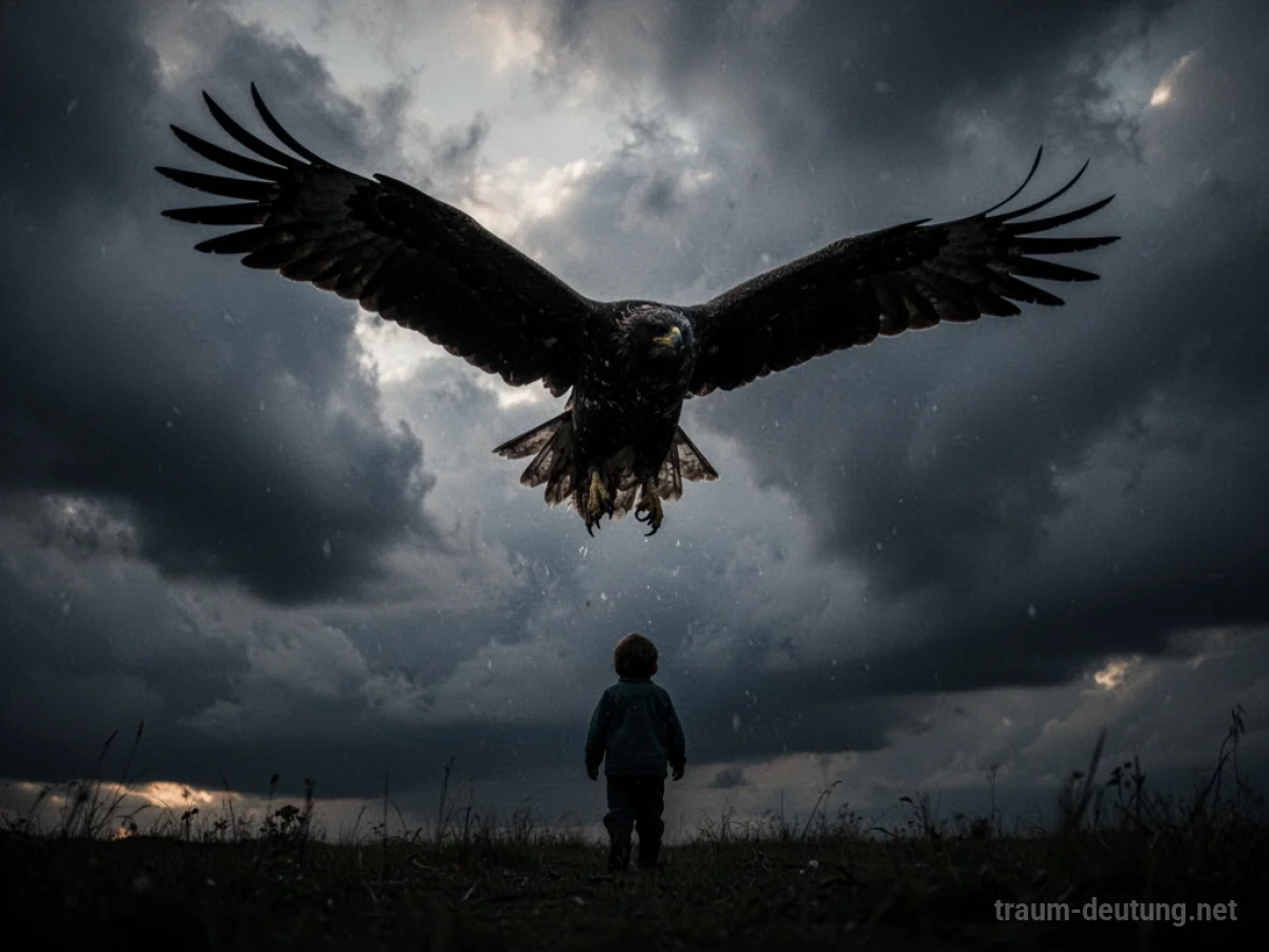 Silhouette eines Vogels, der auf eine menschliche Figur zustürzt, vor einem dunklen Himmel.