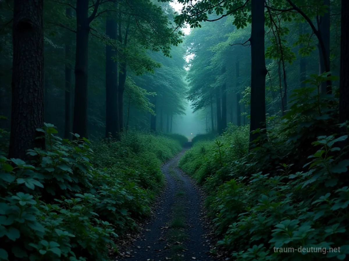 Ein zugewachsener Weg, der im dichten Wald verschwindet, symbolisiert eine fehlgeschlagene Abkürzung im Traum.