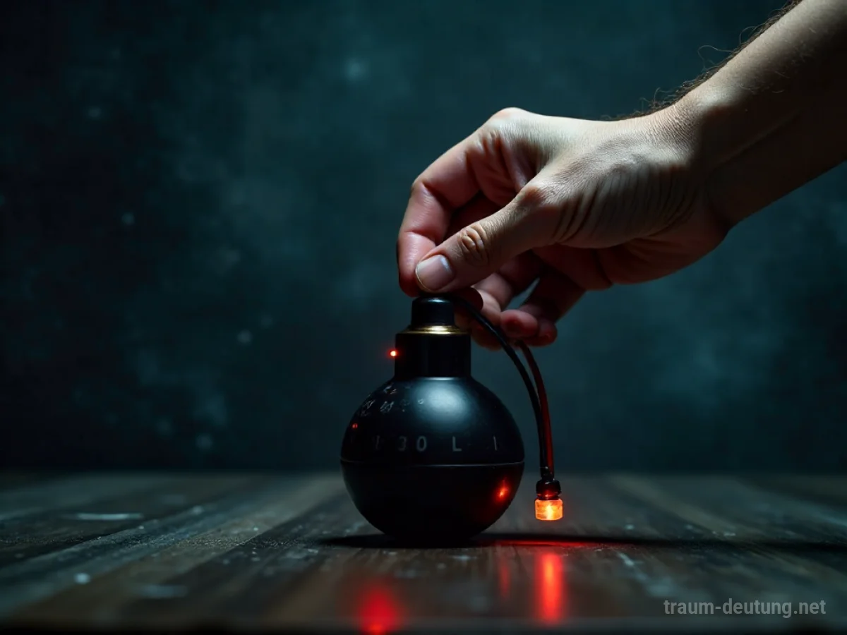Hand entschärft symbolische Atombombe, dunkler Hintergrund