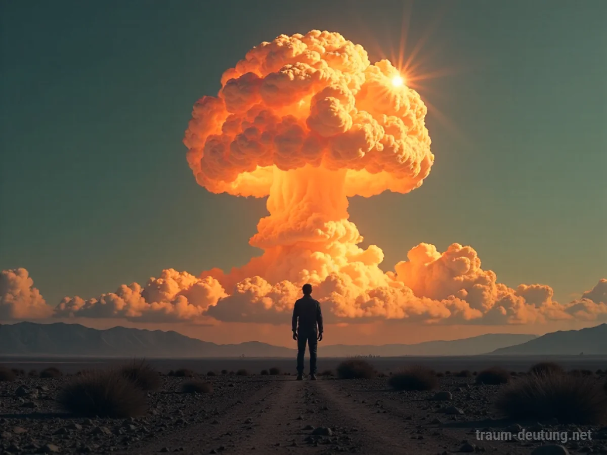 Silhouette einer Person steht vor einer aufsteigenden Atompilzwolke über einer zerstörten Landschaft.