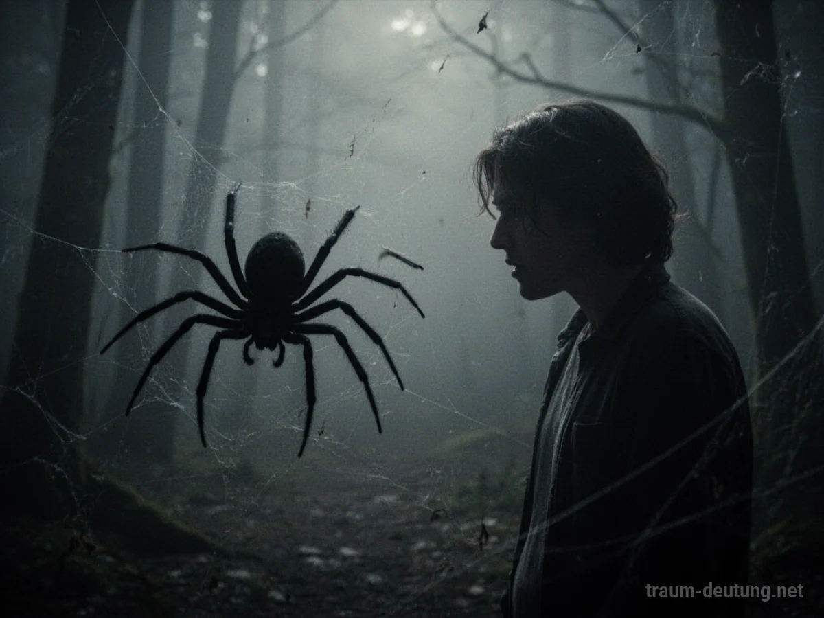 Spinne als Silhouette bewegt sich auf eine Person zu in einem dunklen Raum