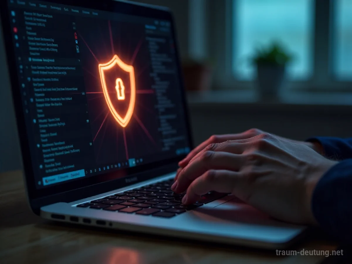 Hände installieren Antivirus auf einem Laptop, ein Schutzschild erscheint auf dem Bildschirm.
