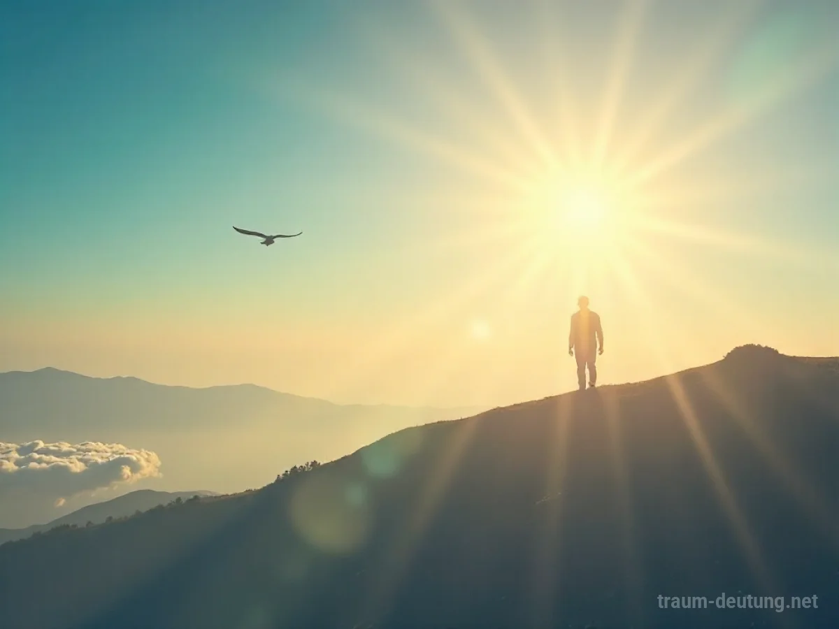 Eine Person fliegt hoch über einer friedlichen Landschaft im Sonnenschein.