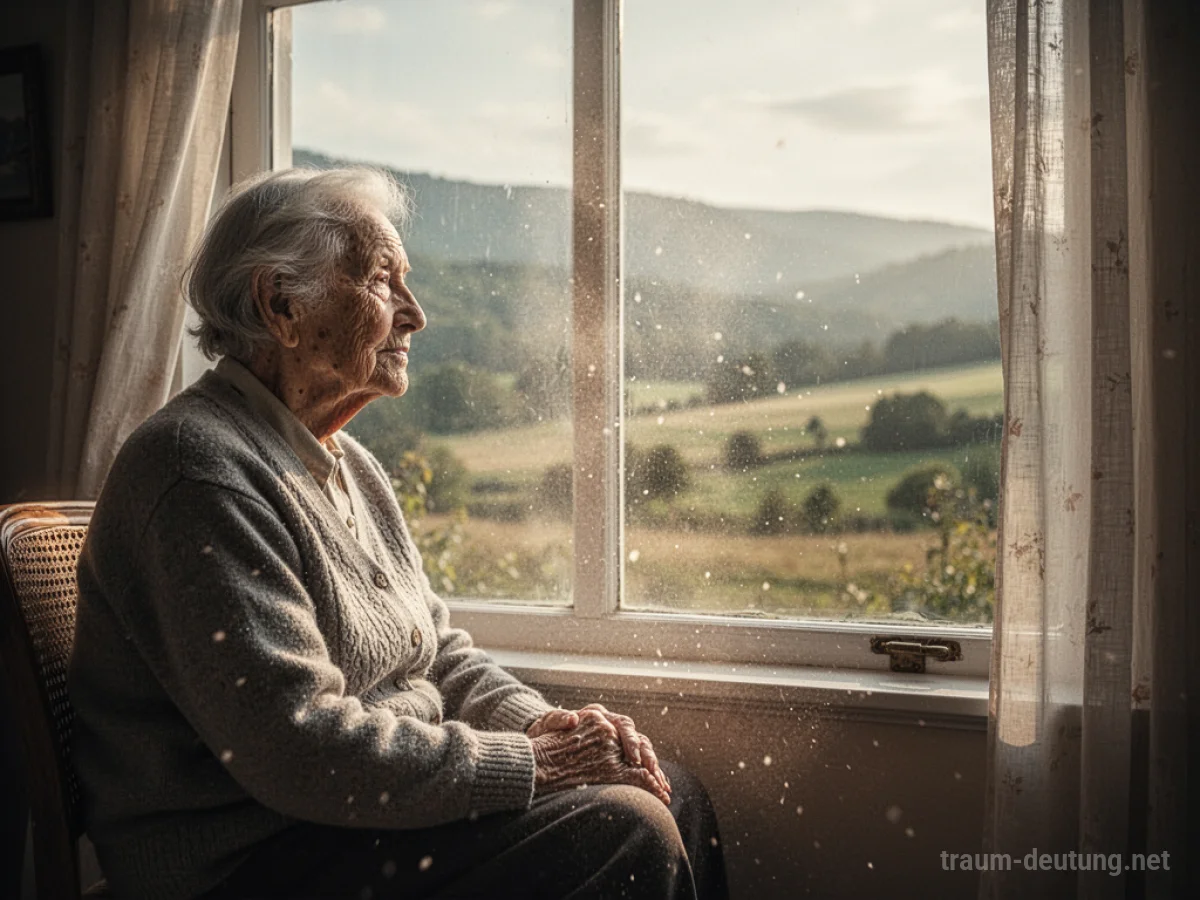Eine alte Person sitzt nachdenklich am Fenster, blickt in eine friedliche Landschaft.