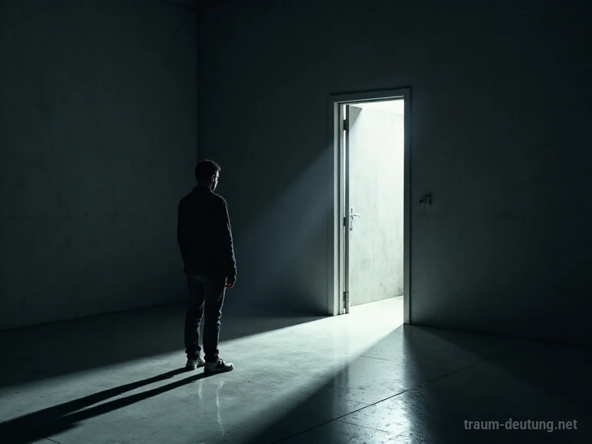 Eine Person steht allein in einem dunklen Raum, Schatten fallen um sie herum.