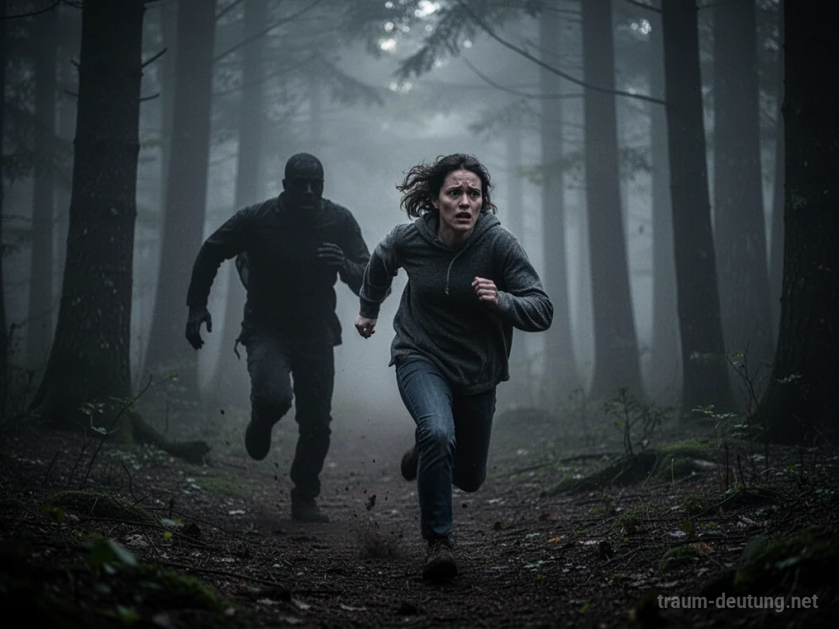 Eine Person flüchtet vor einem Schattenwesen in einem dunklen Wald.