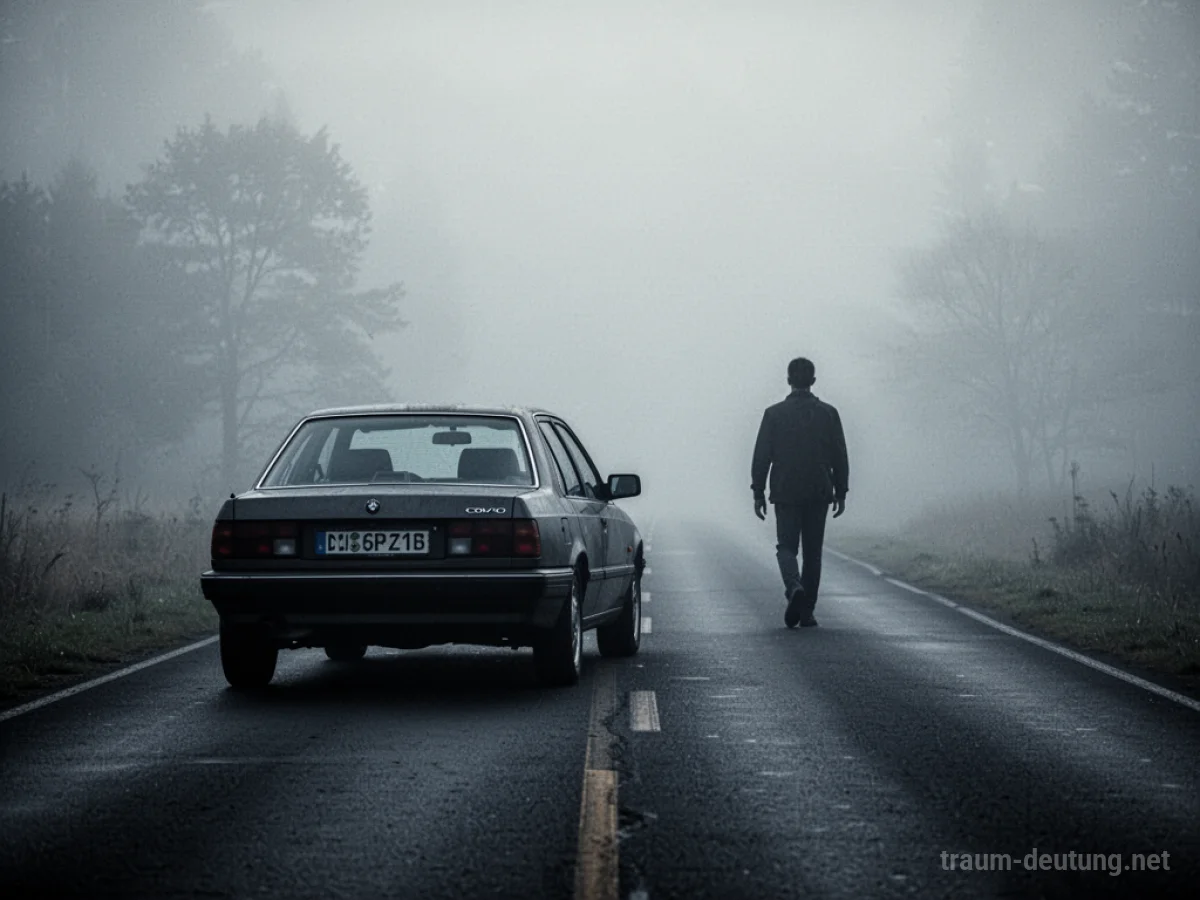 Silhouette einer Person, die von einem stillstehenden Auto weggeht in eine neblige Landschaft.