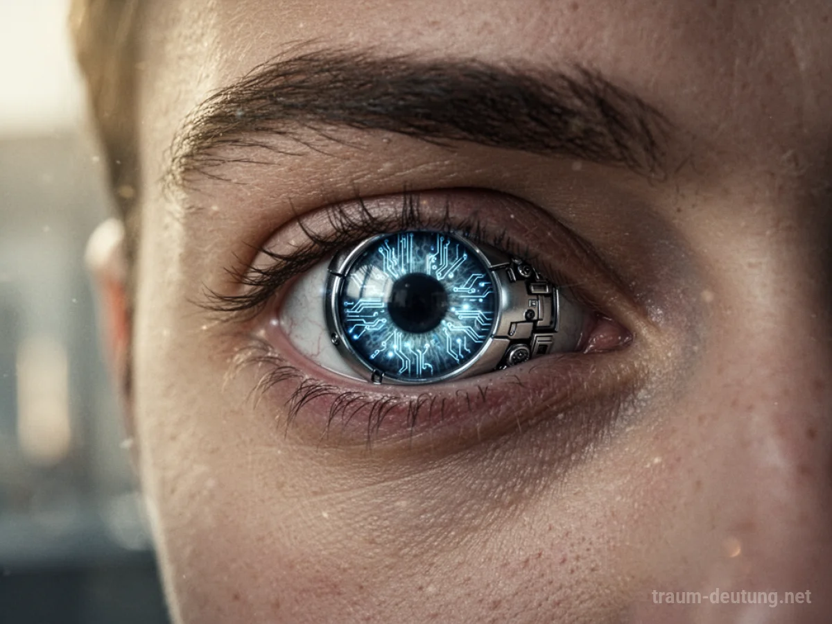 Ein menschliches Auge wird durch ein mechanisches Auge ersetzt, mit leichten Lichteffekten.
