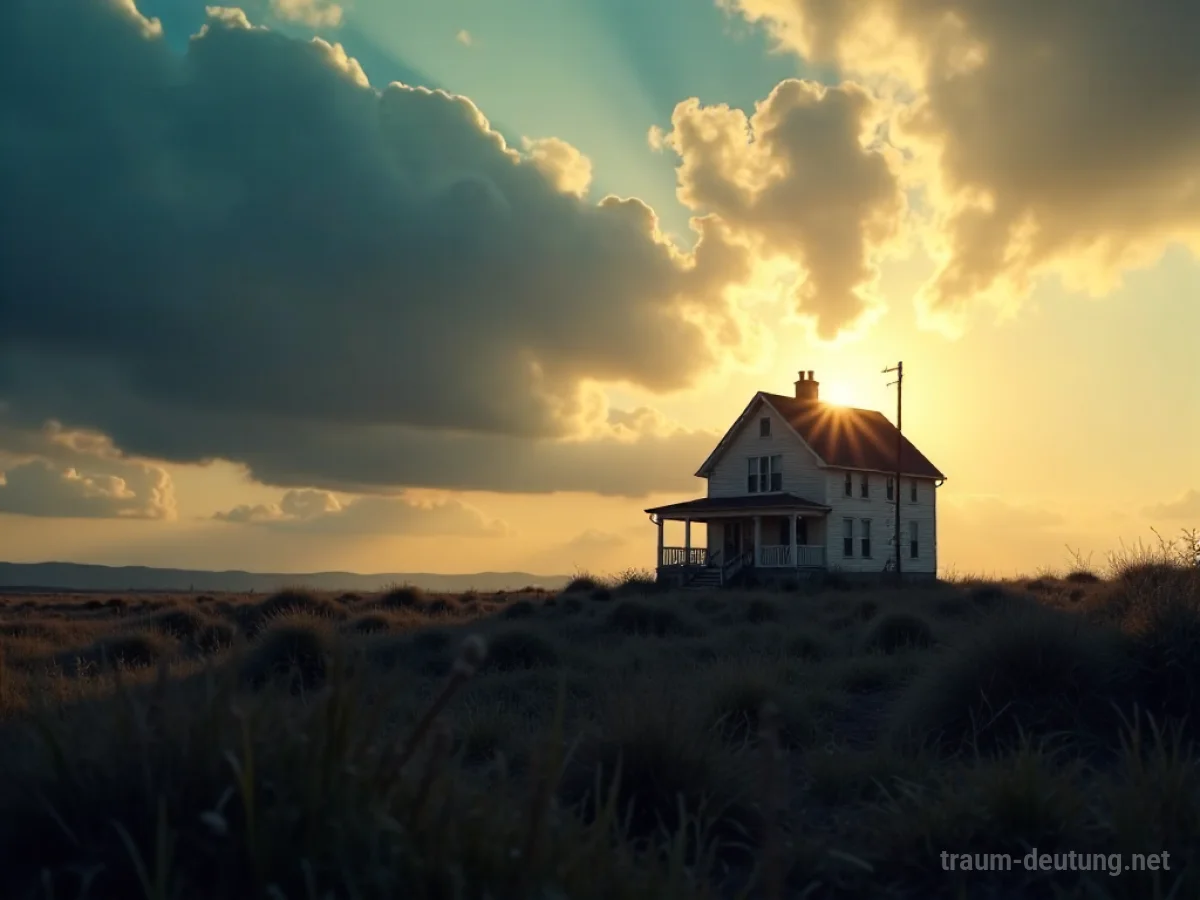 Ein einsames Haus auf karger Landschaft unter dramatischem Himmel, symbolisch für eine Versteigerung im Traum.
