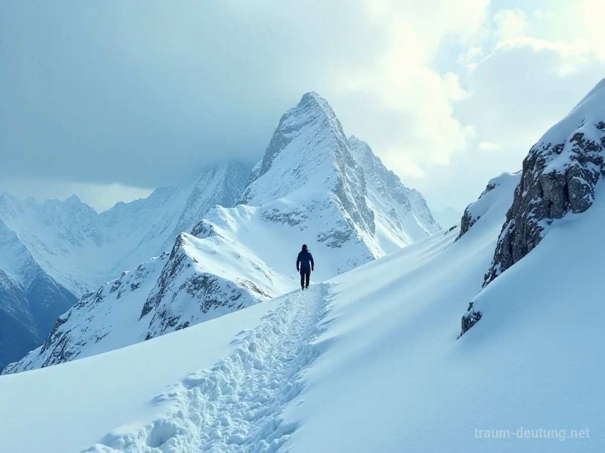 Eine Person stürzt durch eine weite, schneebedeckte Alpenlandschaft.