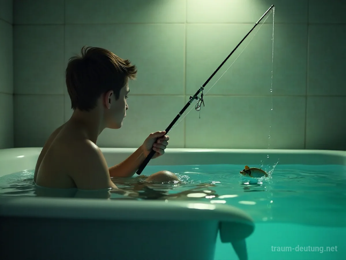 Eine Person angelt in einer Badewanne nach einem Fisch.