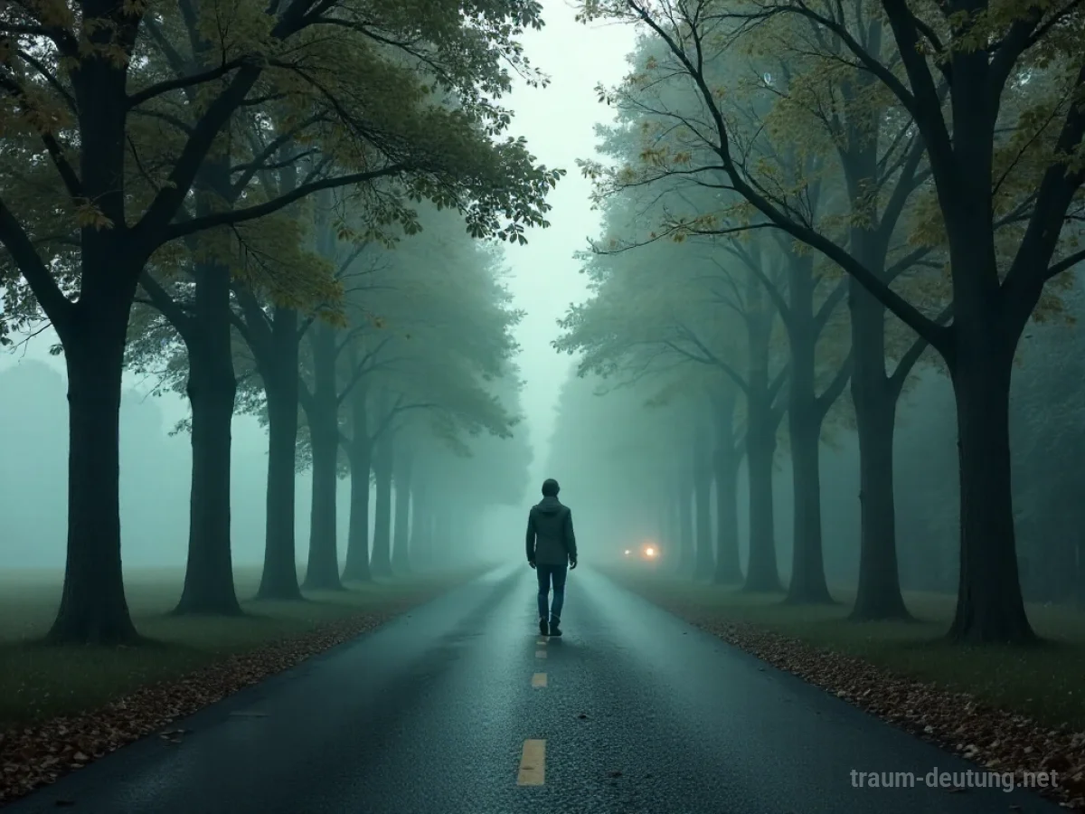Eine einsame Person verläuft sich auf einer langen Allee, die im Nebel endet.