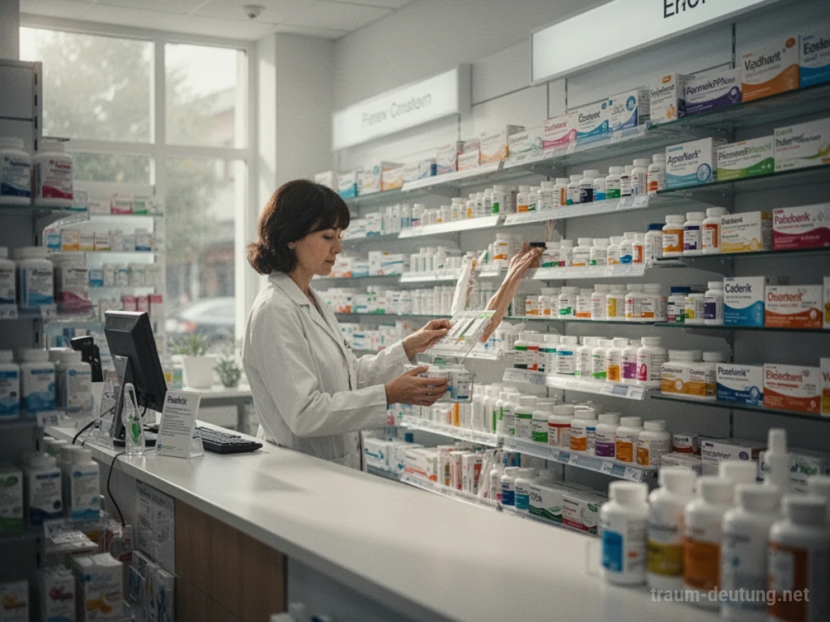 Person arbeitet in einer modernen Apotheke hinter dem Tresen