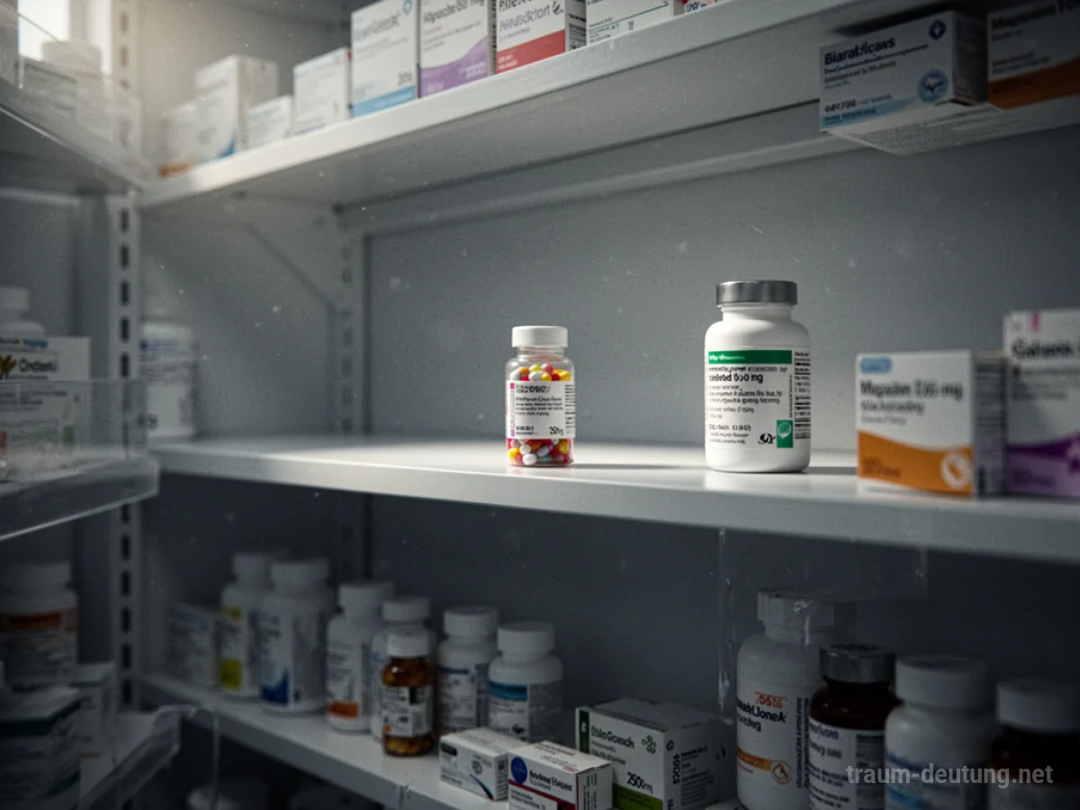 Leere Regale in einer Apotheke, eine Medikamentenflasche ist weit entfernt.