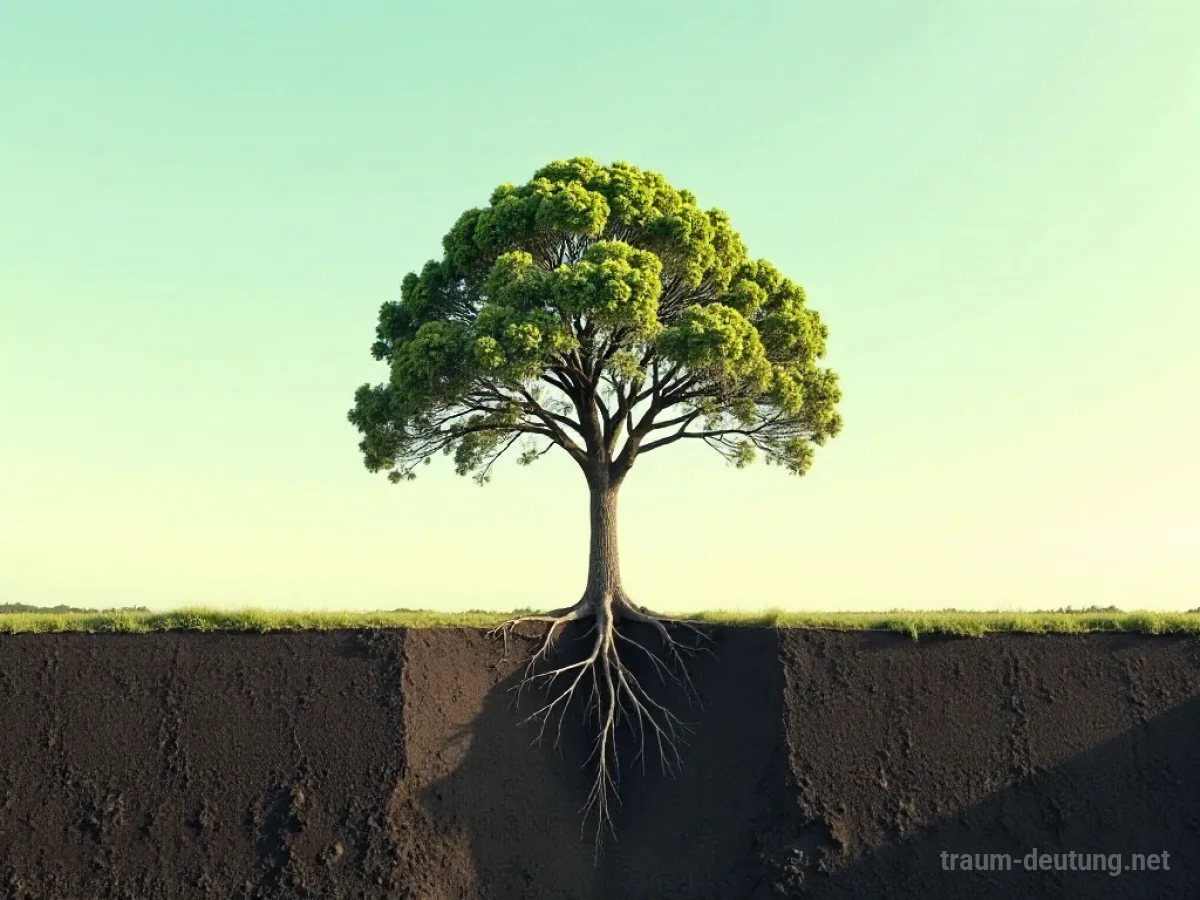 Ein einzelner Baum mit sichtbaren Wurzeln auf einem weiten Feld.