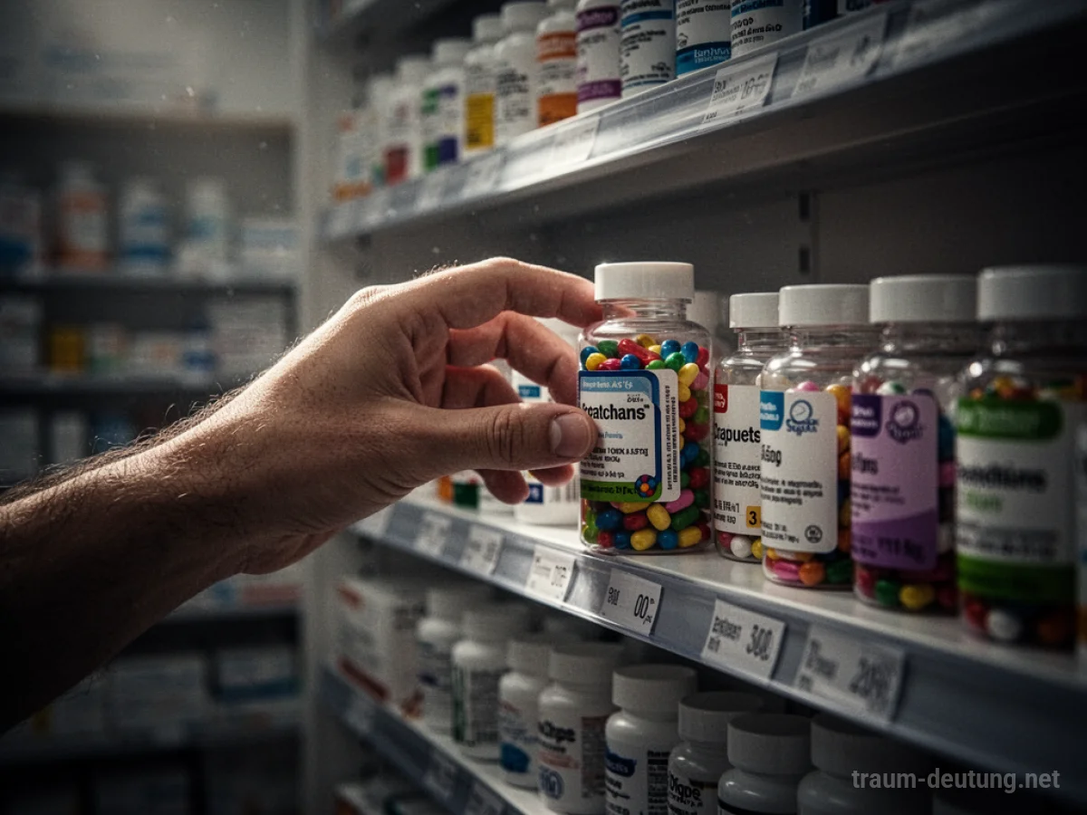 Hand greift nach Medikamentenflasche in einer Apotheke