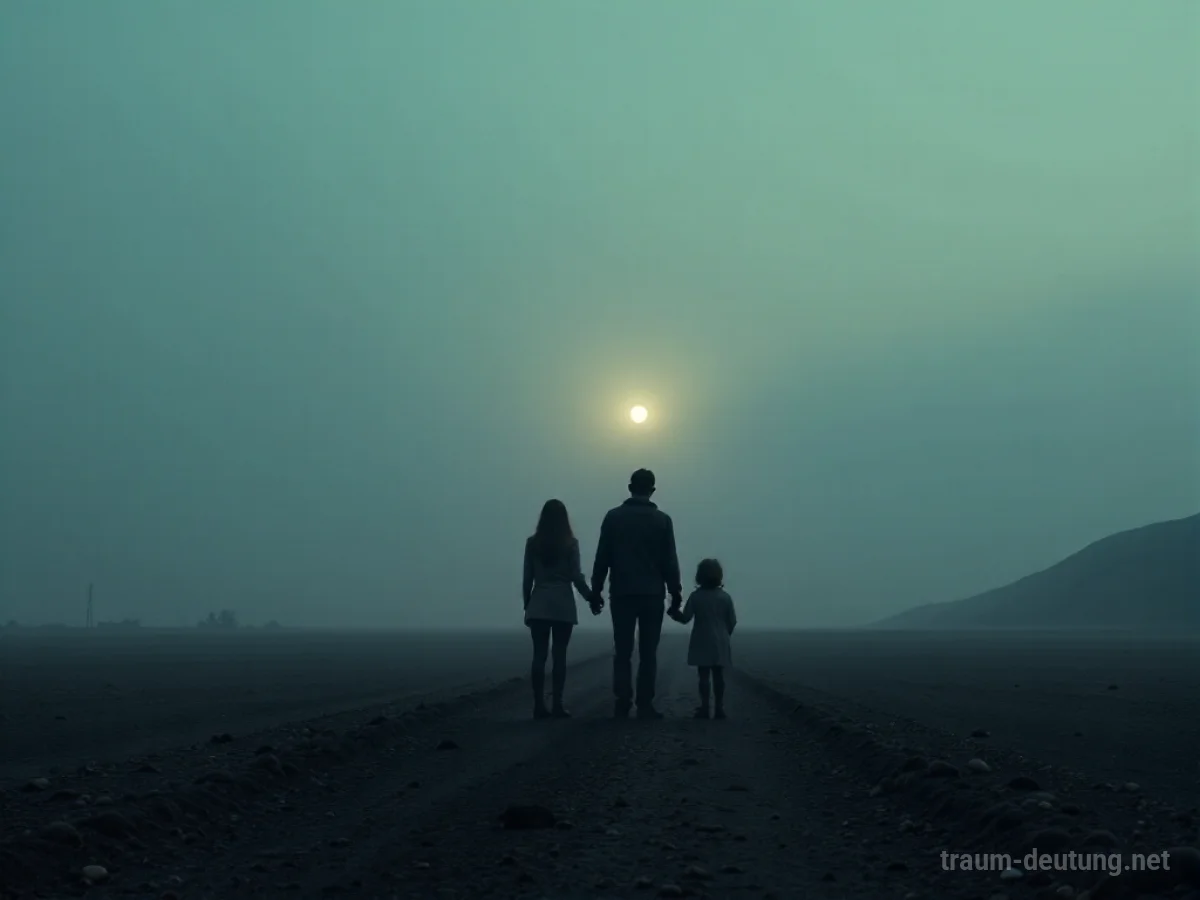 Familie steht vor karger Landschaft, symbolisiert Armut und Unsicherheit.