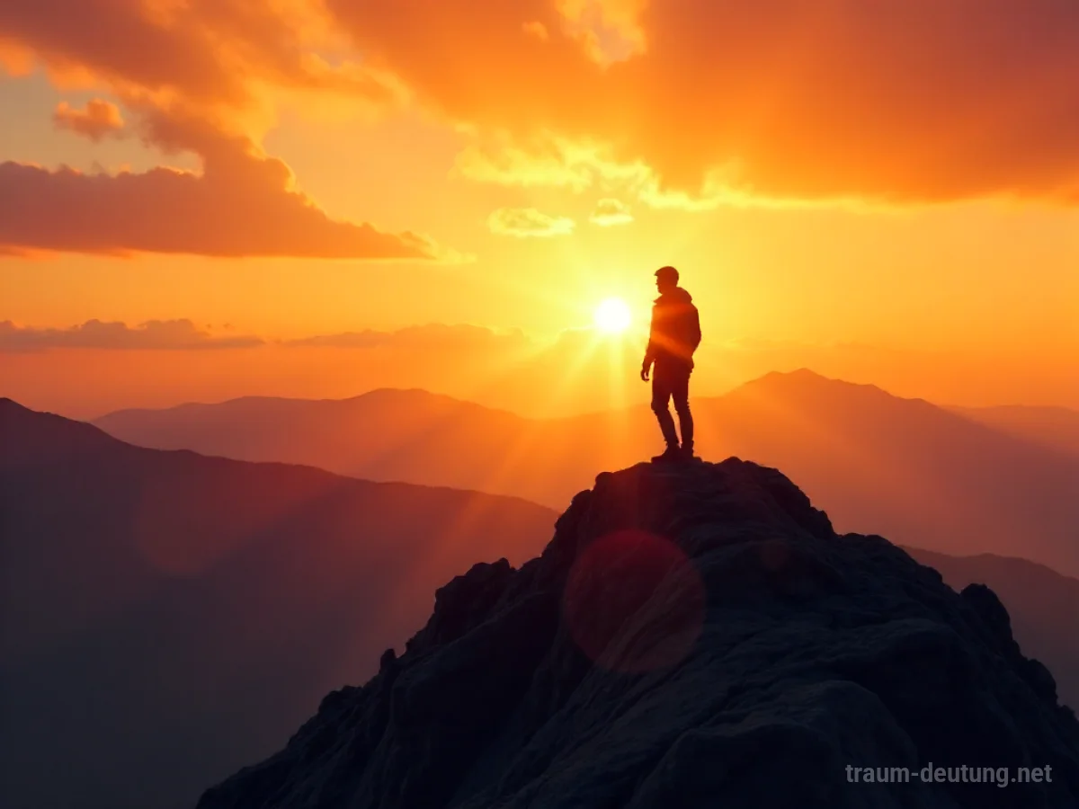 Silhouettenfigur auf einem Berggipfel im Sonnenaufgang