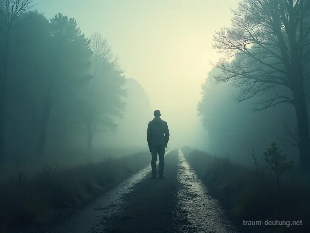 Silhouette einer Person an einer Weggabelung mit einem verblassenden Pfad im Nebel.