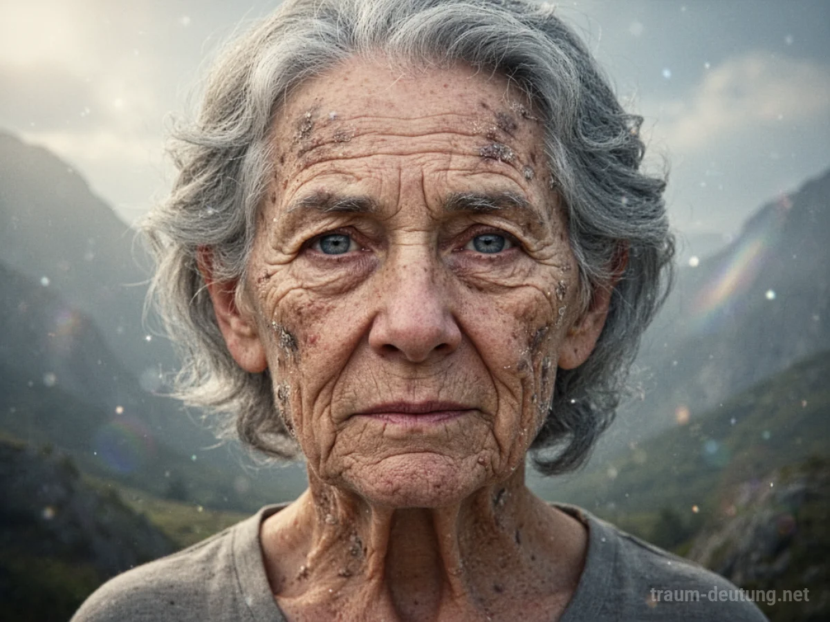 Gesicht einer Person, das im Traum schnell altert und Falten entwickelt.