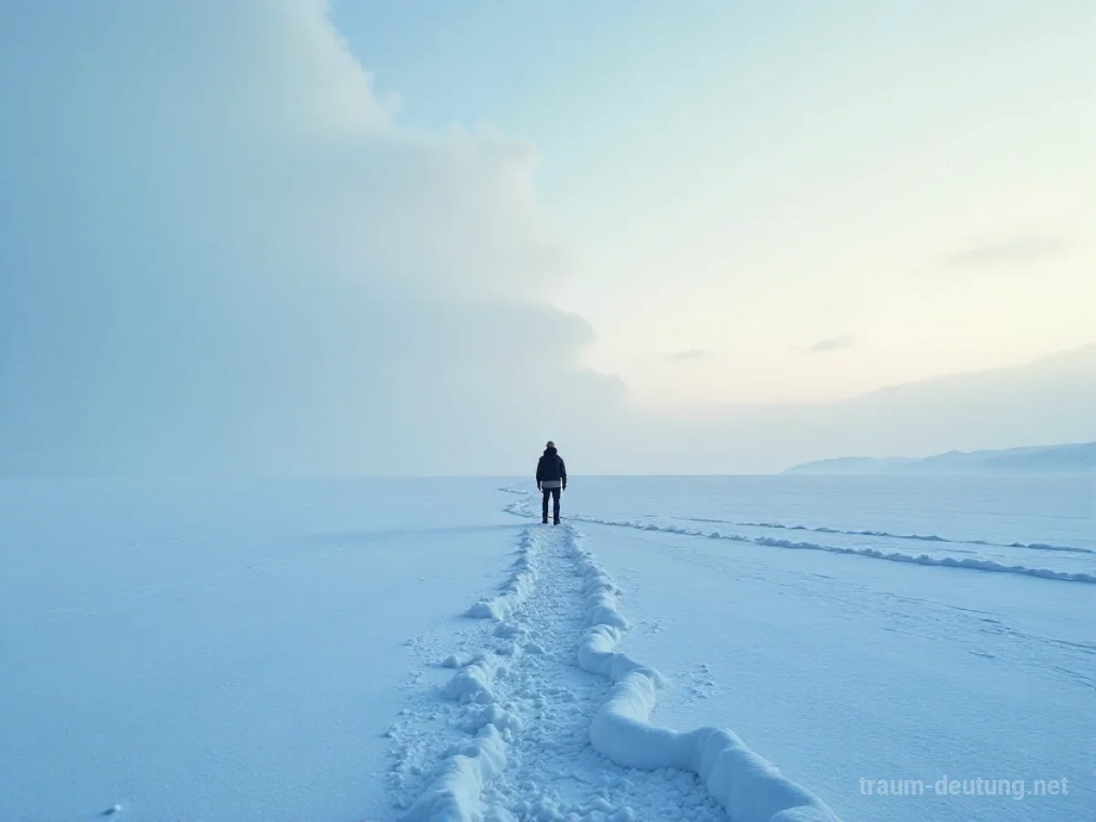 Einsame Figur in einer weiten, eisigen Arktislandschaft unter einem kalten Himmel.