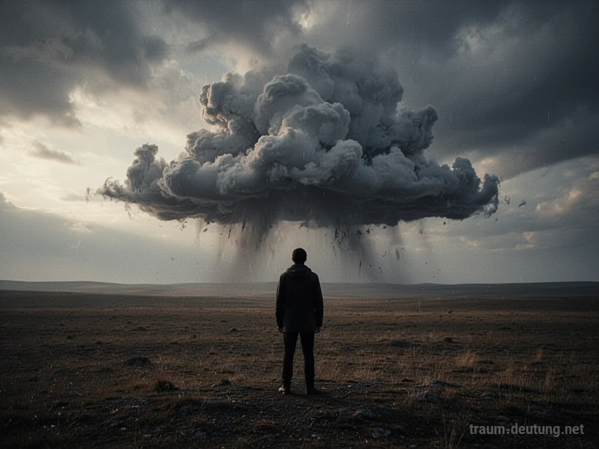 Eine einsame Person steht vor einer dunklen Wolke, die den Himmel verdunkelt.