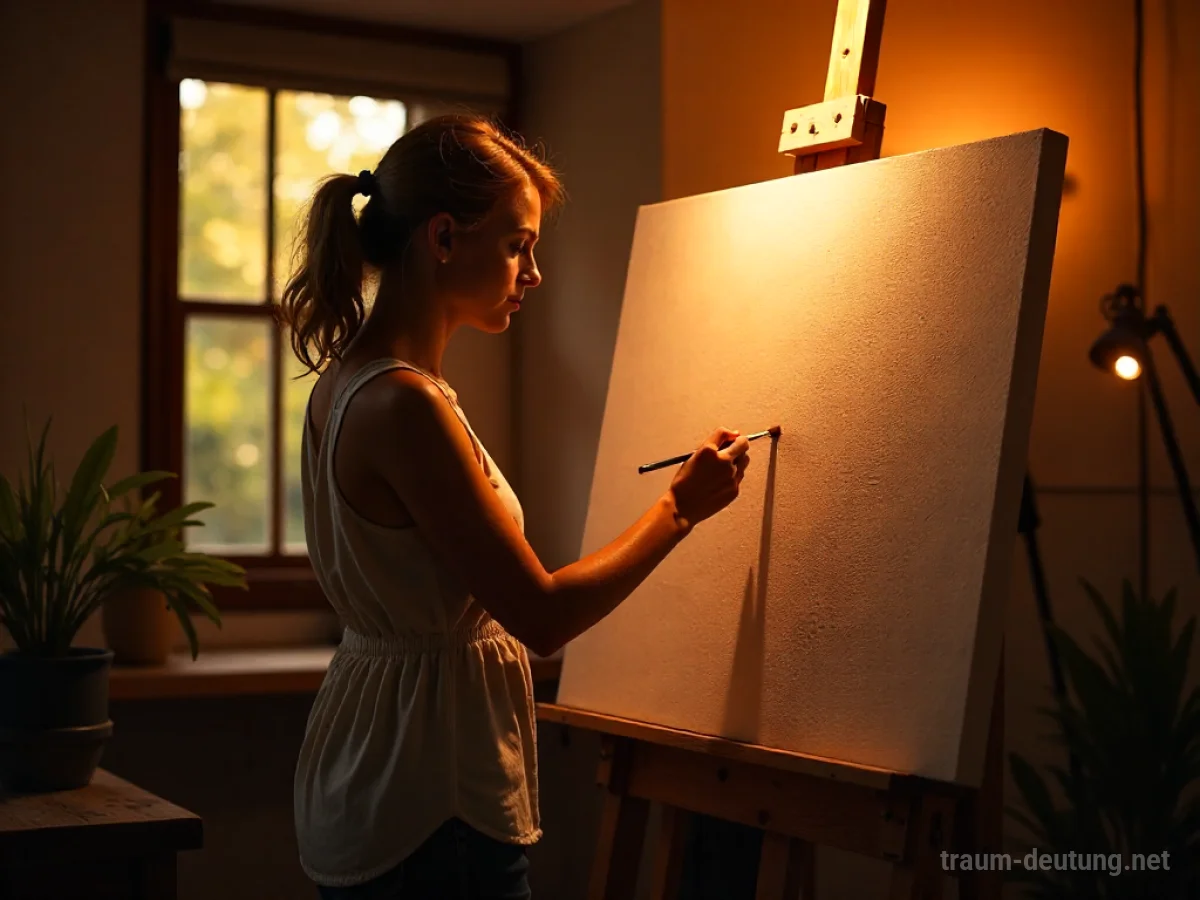Eine Person malt konzentriert auf einer Leinwand in einem hellen Atelier.