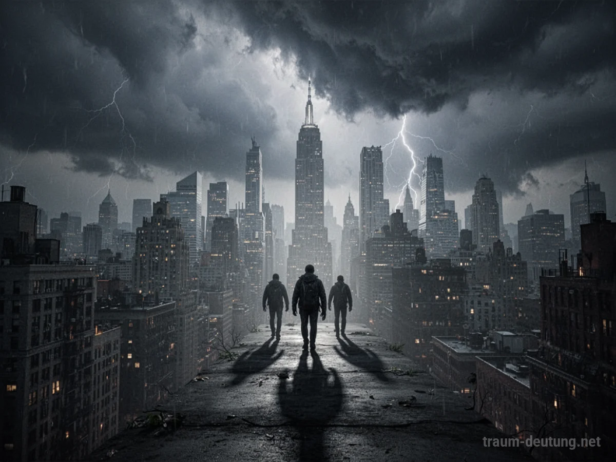 Eine Stadt im Schatten unter einem bedrohlichen Himmel, während sich dunkle Gestalten nähern.