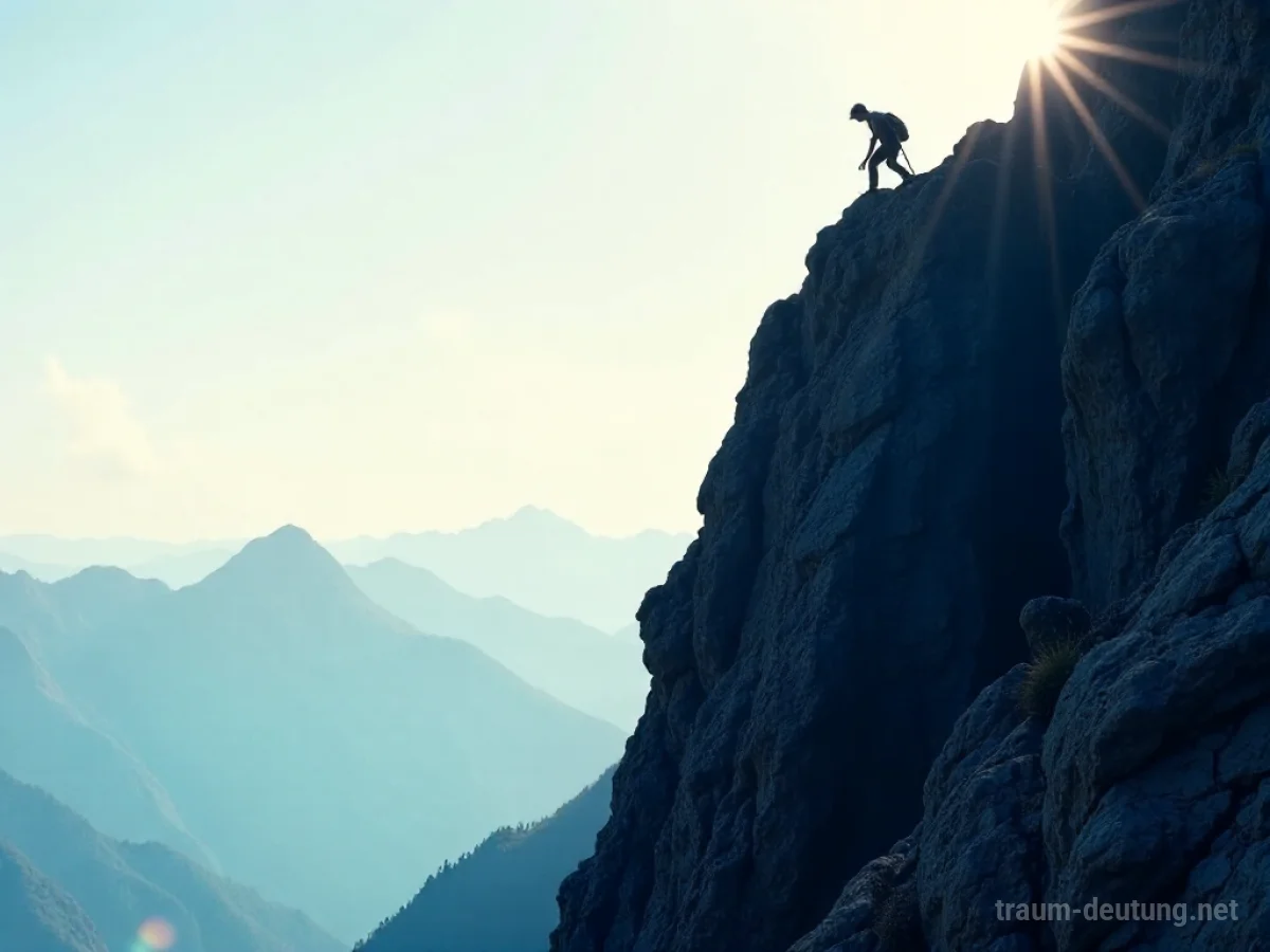 Silhouette einer Person erklimmt einen steilen Berg.