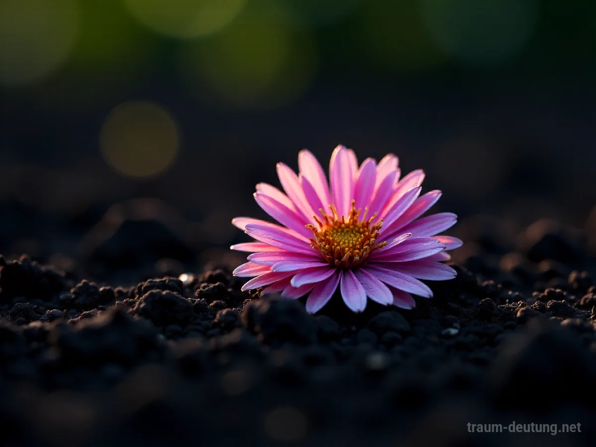 Verwelkte Aster auf dunklem Boden, beleuchtet von sanftem Licht.