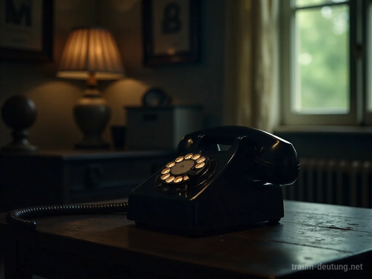 Ein alter Telefonhörer leuchtet sanft auf einem Tisch in einem dunklen Raum.