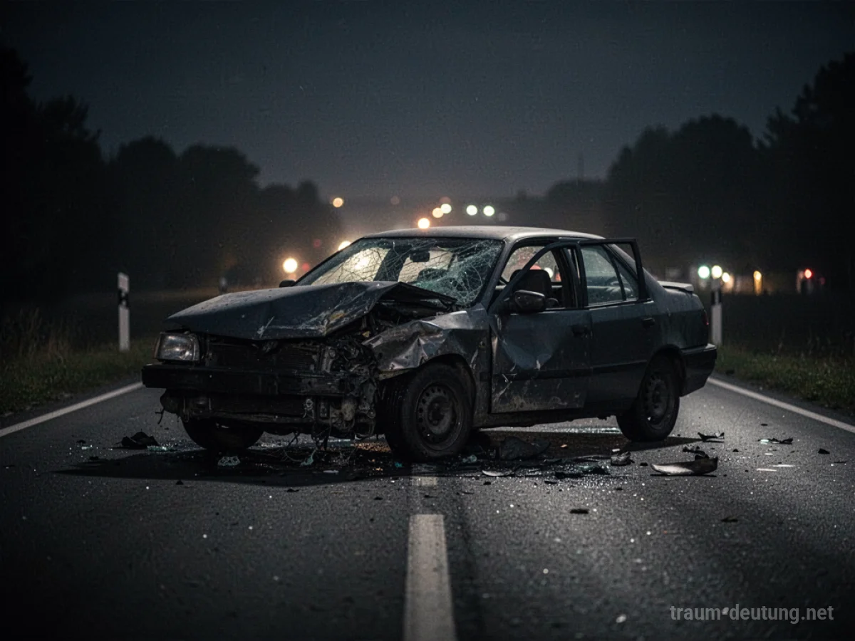 Silhouette eines stark beschädigten Autos auf einer dunklen nächtlichen Straße, symbolisiert Verlust und Konsequenzen.