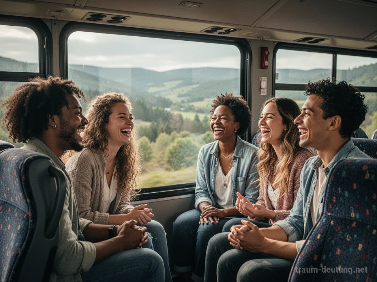 Freunde unterhalten sich lachend in einem hellen Autobus auf einer Reise.