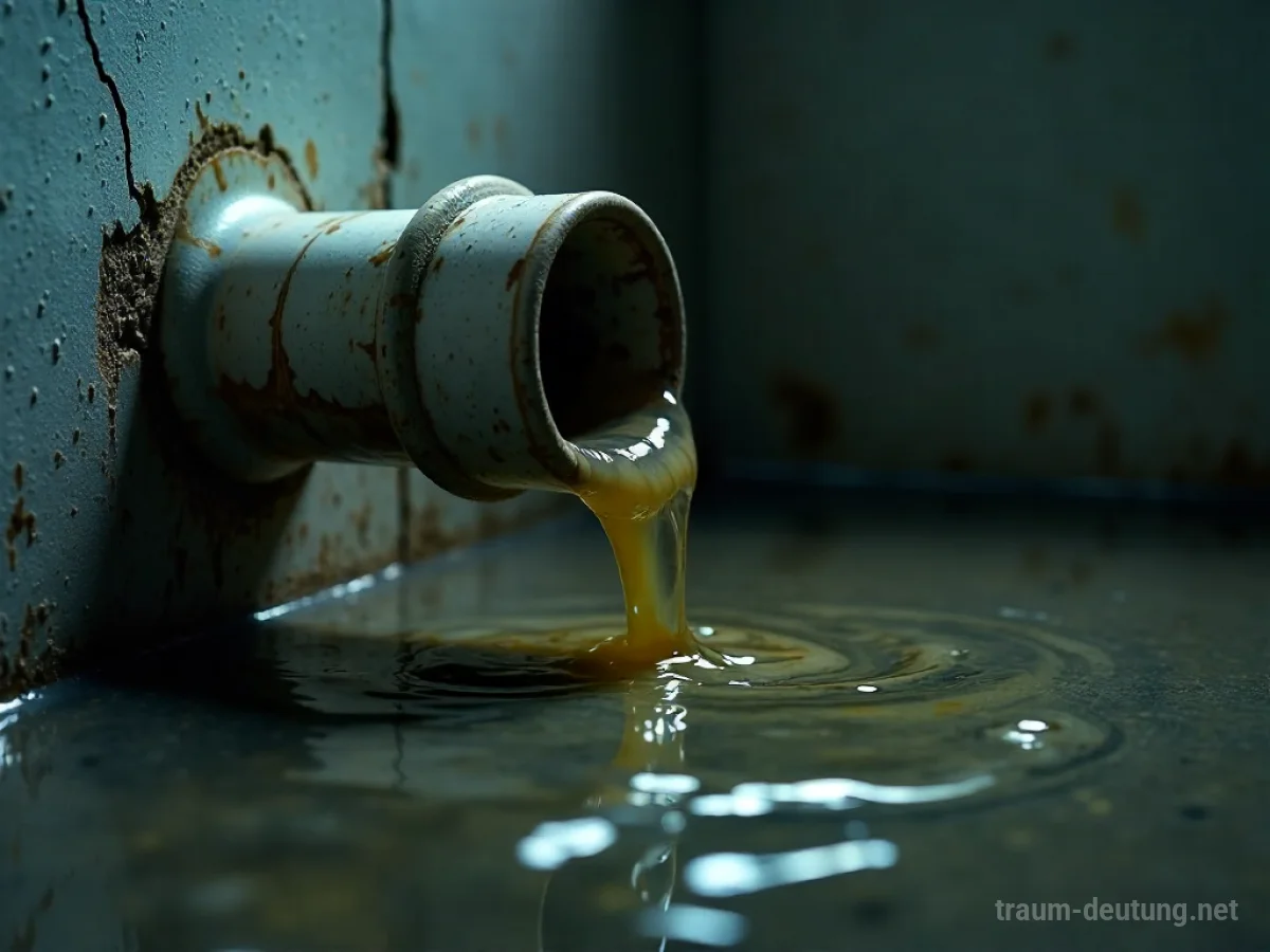 Ein zerbrochenes Abflussrohr, aus dem trübes Wasser sickert, in einem dunklen Raum.