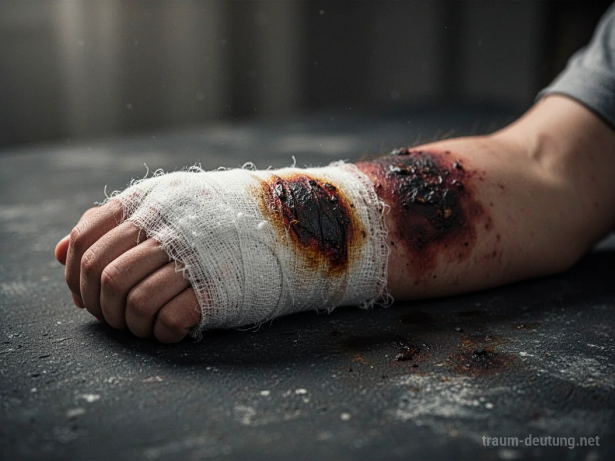 Verletzter Arm mit Brandwunden, der auf einer dunklen Oberfläche liegt.